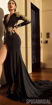Long Sleeves Black Mermaid Modest Newest Sexy Elegant Long Prom Dresses with appliques, PD1324