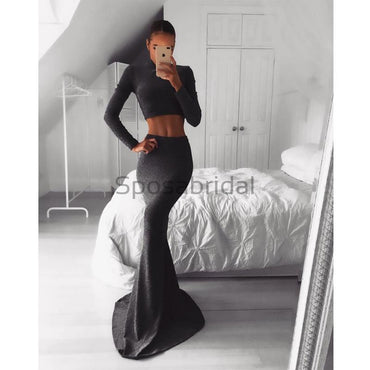 Long Sleeves High Quality Two Pieces Cheap Mermaid Simple Elegant Formal Long Prom Dresses  PD1594