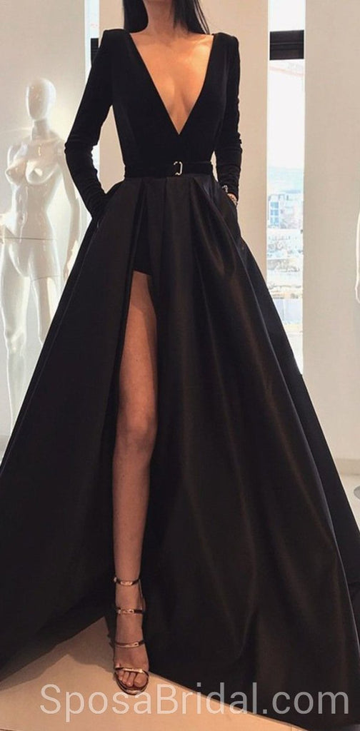 Long Sleeves V neck Side Slit Burgundy  Elegant Modest A line Long Prom Dresses, PD1296