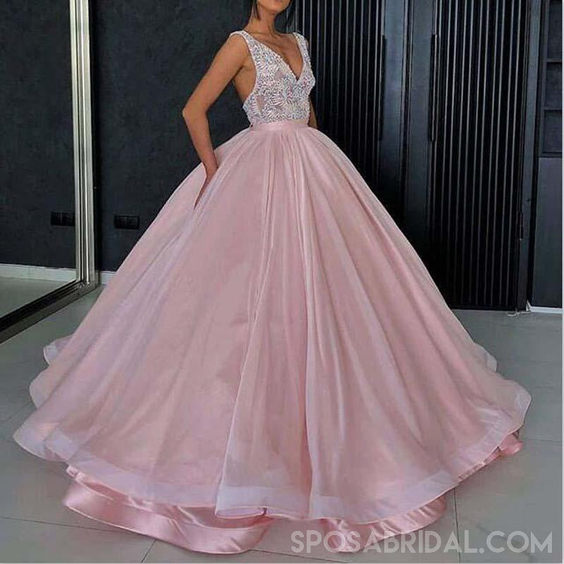 Long V-Neck Pink Elegant Formal Gorgeous Beautiful Prom Dresses, PD1084
