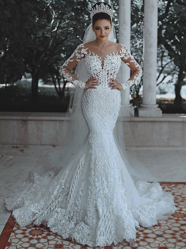 Luxury Beaded Illusion Lace Long Mermaid Wedding Dresses, WD0340