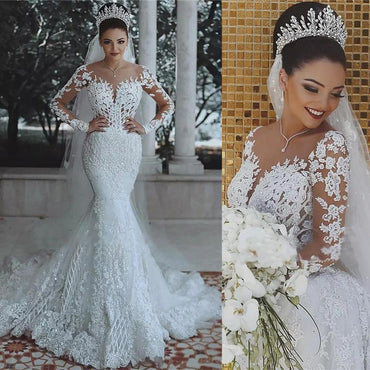 Luxury Beaded Illusion Lace Long Mermaid Wedding Dresses, WD0340