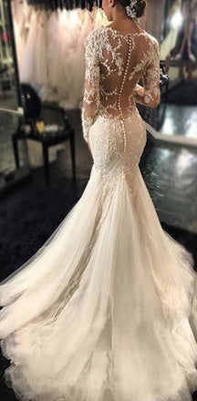 Luxury Illusion Lace Long Sleeve Sexy Mermaid Boho Long Wedding Dresses, WD0198