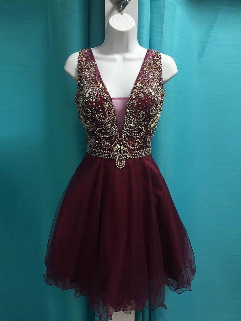 See Through V Neck Cute Beaded Maroon Homecoming Dresses, CM499