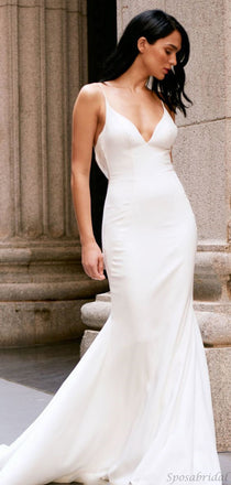 Sexy Mermaid V-neck Spaghetti Strap Backless Simple Long Wedding Dress, WD0606