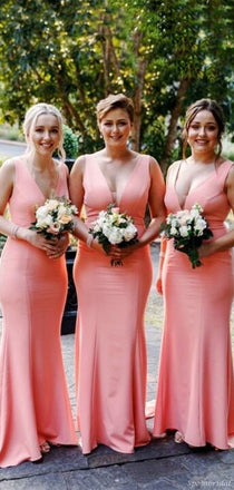 Mermaid Pink V-Neck Simple Elegant Formal Long Bridesmaid Dresses WG856