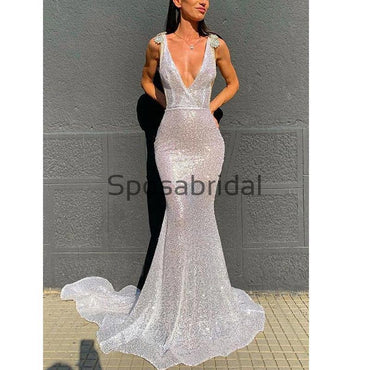 Mermaid Silver V-Neck Simple Modest Prom Dresses PD2269