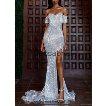 Mermaid Sparkly Sliver Sequin Off the Shoulder Modest Prom Dresses PD2053