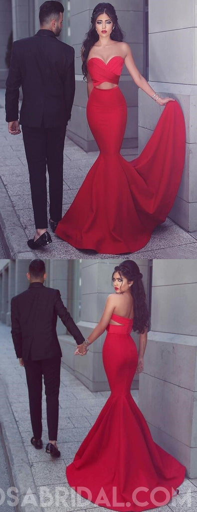 Mermaid Sweetheart Sweep Train Keyhole Cut Out Red Stretch Satin Prom Dresses, Elegant Evening Dress, PD1091