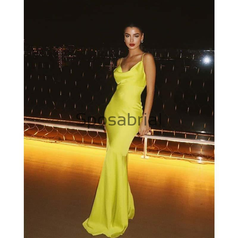 Mermaid Yellow Spaghetti Straps Simple Cheap Prom Dresses PD2056
