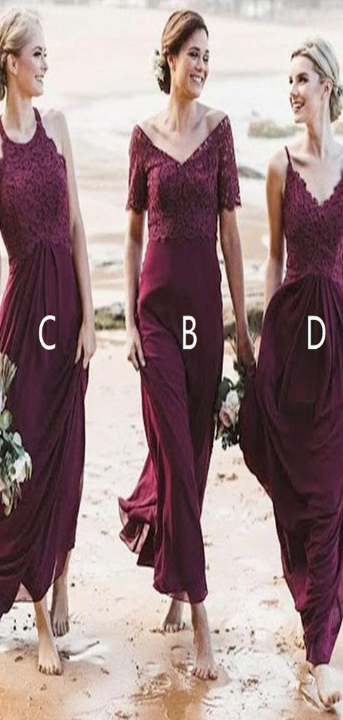 Mismatched A-Line Long Burgundy Cheap Chiffon Modest Bridesmaid Dress with Lace for Wedding guest,WG353