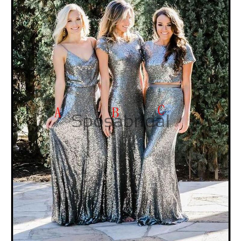 Mismatched Gray Sequin Mermaid Sparkly Modest Bridesmaid Dresses WG645