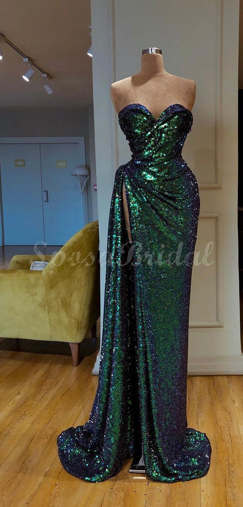 Mismatched Green Sequin Sparkly Shinning Cheap Modest Long Prom Dresses PD1429