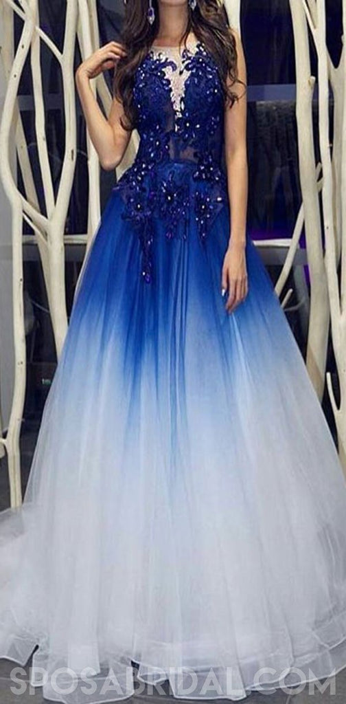 Modest Custom Made Elegant Royal Blue White Long Prom Dresses with Appliques for Women, PD1115
