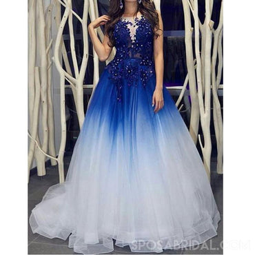 Modest Custom Made Elegant Royal Blue White Long Prom Dresses with Appliques for Women, PD1115