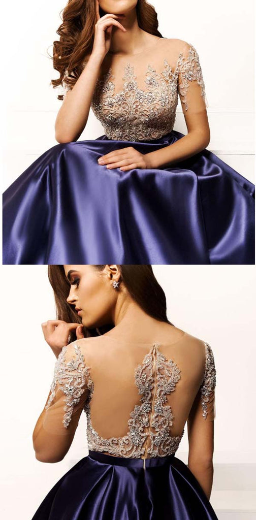 Modest Formal Satin Short Sleeves A-line Prom Dresses With Beaded, Party Dress, Evening Dress,PD1348