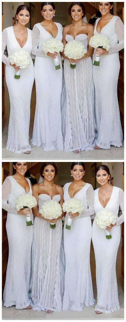 Modest Long Sleeves Sheath V-Neck Long Fulle White Lace Bridesmaid Dresses  ,  WG386
