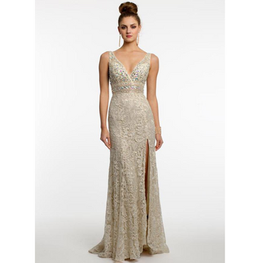 Modest Marvelous Lace V-Neck Sheath Prom Dresses With Rhinestones and Beads, PD1350