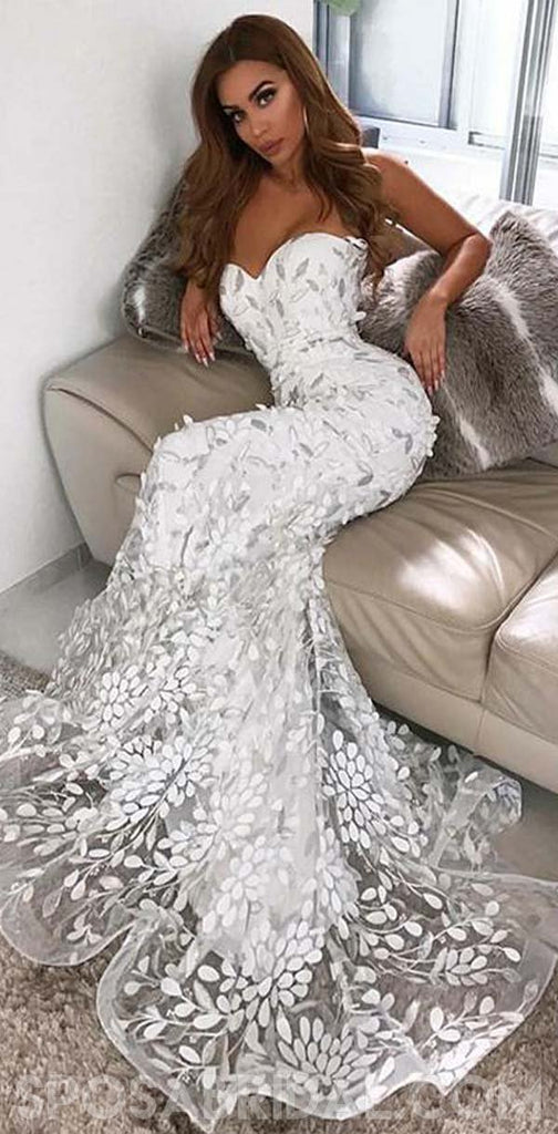 Modest Unique Sweetheart White Prom Dresses,Long Mermaid Evening Gowns With Appliques ,PD1131