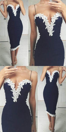 Navy Blue Spaghetti Straps Tight Memaid Normal Cheap Homecoming Dresses with lace, short prom dress,BD0227