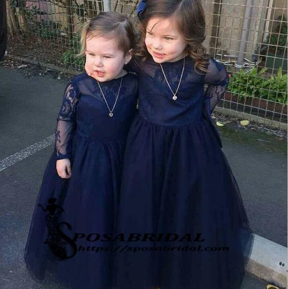 Navy Blue Top Lace Tulle Long Sleeves V-Back Soft Discount Custom Flower Girl Dresses with bow , FG129