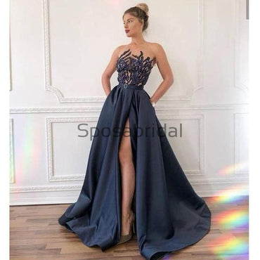 New A-line Satin Side Slit Long Fashion Prom Dresses PD2229
