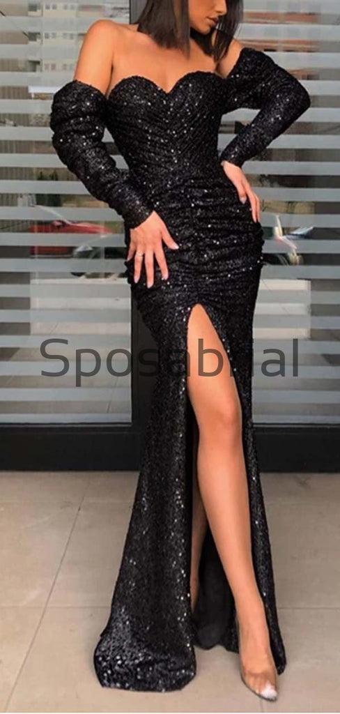New Arrival Fashion Black Sequined High Slit Simple Prom Dresses PD2066