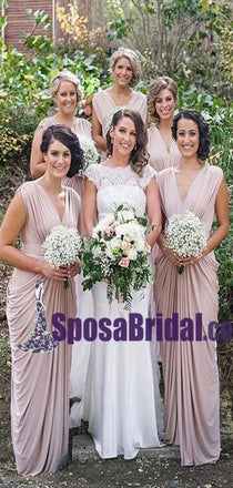 New Unique Design Cheap Elegant V Neck Long Blush Pink Chiffon Bridesmaid Dresses, Wedding Guest Dress online WG241
