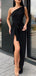 Sparkly One Shoulder Black Side-slit Mermaid Modest Long Prom Dresses, PD2076