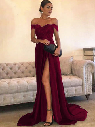 Emerald and Burgundy Lace Top Off Shoulder Side-slit A-line Prom Dresses, PD0692