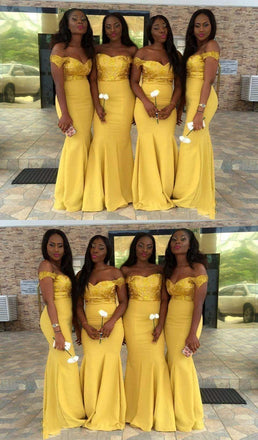 Off Shoulder Mermaid Yellow Long Formal Modest Cheap Bridesmaid Dresses Online, WG291