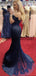 Off Shoulder Navy Blue Mermaid Lace Custom Formal Prom Dresses , Prom Dress PD1895