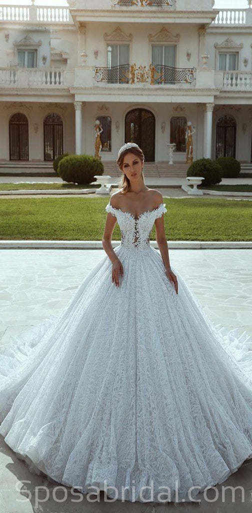 Off the Shoulder Full Lace Elegant Princess Romantic Wedding Dresses,Ball Gown, WD0359