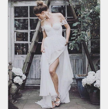 Off the Shoulder Long Chiffon Cheap Fairy Prom Dresses, Bridal wedding dress, PD0923