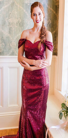Off the Shoulder Mermaid Sequins Elegant Popular Long Bridesmaid Dresses, WG414