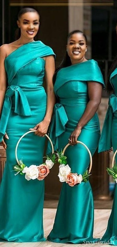 Turquoise Green One-shoulder Cap Sleeve Satin Long Bridesmaid Dresses, WG782