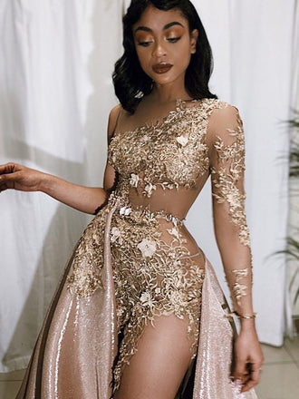 Sparkly Detachable One Shoulder Unique Appliques Sexy Fashion Prom Dresses PD2233