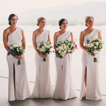 One Shoulder Side Split Mermaid  Simple Cheap Floor-length High Quality Bridesmaid Dresses, WG0492