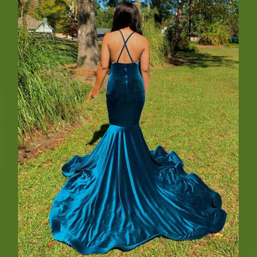 Sexy Royal Sea Blue Velvet Flower Mermaid Long Prom Dress, PD3126
