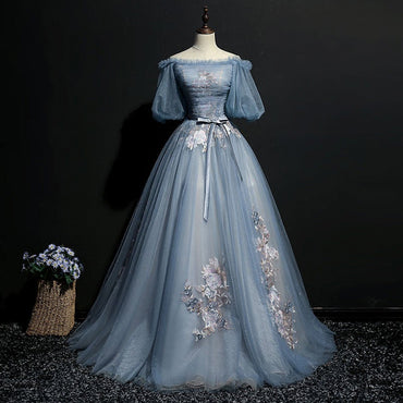 Elegant Blue Victorian Style Lace A-line Pleats Long Tulle Prom Dress, PD00076