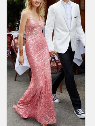 Sexy Sparkly Pink Mermaid Spaghetti Straps Open-back Long Prom Dresses, PD0955