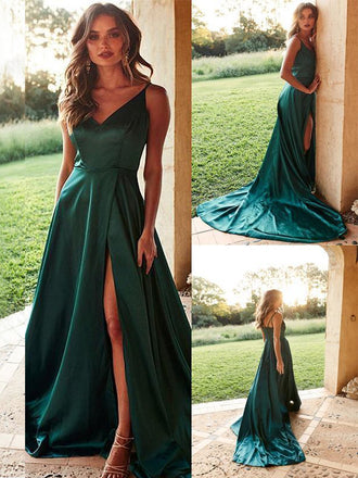 A-line Cheap Dark Green Side Slit Spaghetti Straps Simple Long Prom Dresses PD1512