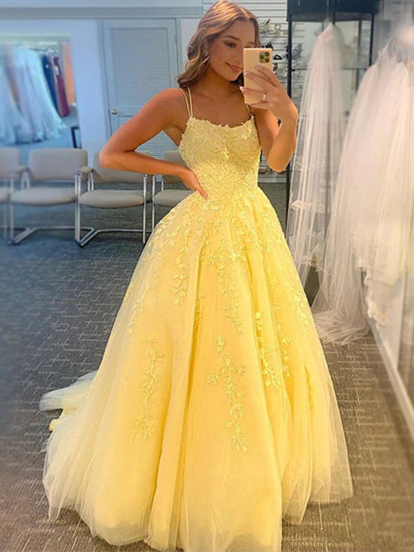 A-line Spaghetti Straps Yellow Lace Formal Long Modest New Prom Dresses, PD1742