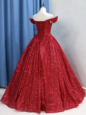 Modest A-line Sparkly Red Sequin Elegant Formal Prom Dresses, Ball Gown PD1868