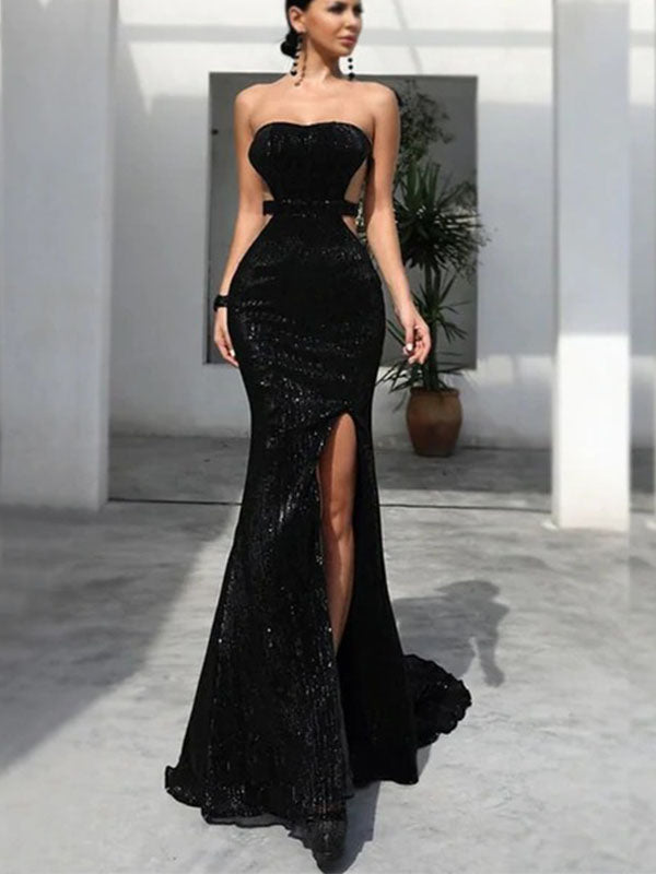 Sparkly Sexy Black Strapless Open Back Mermaid Side-slit Long Prom Dress, PD2102