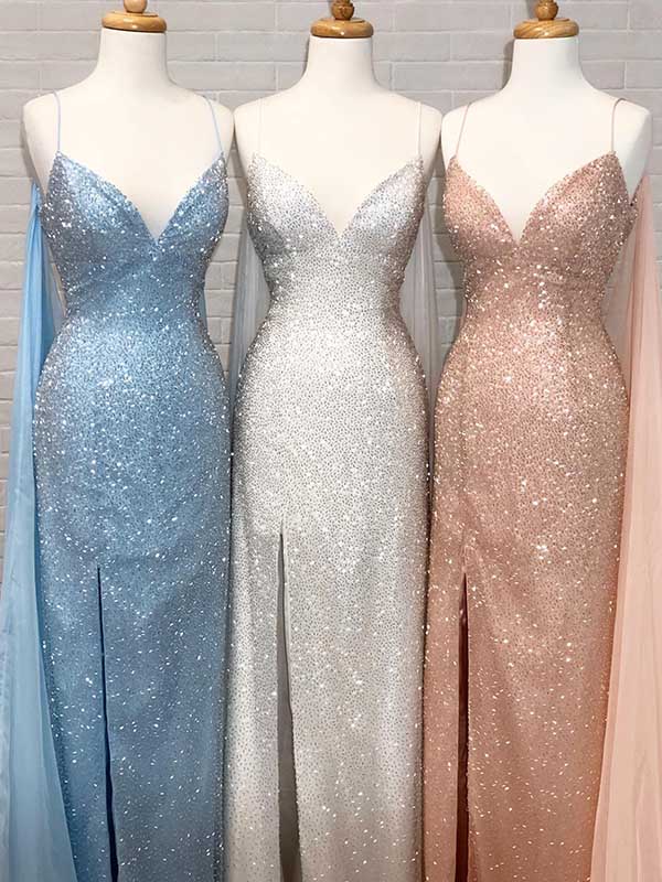 Blue Silver Spaghetti Straps Sequin Mermaid Modest  Prom Dresses PD2201