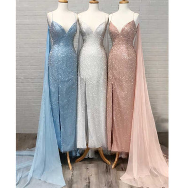 Blue Silver Spaghetti Straps Sequin Mermaid Modest  Prom Dresses PD2201