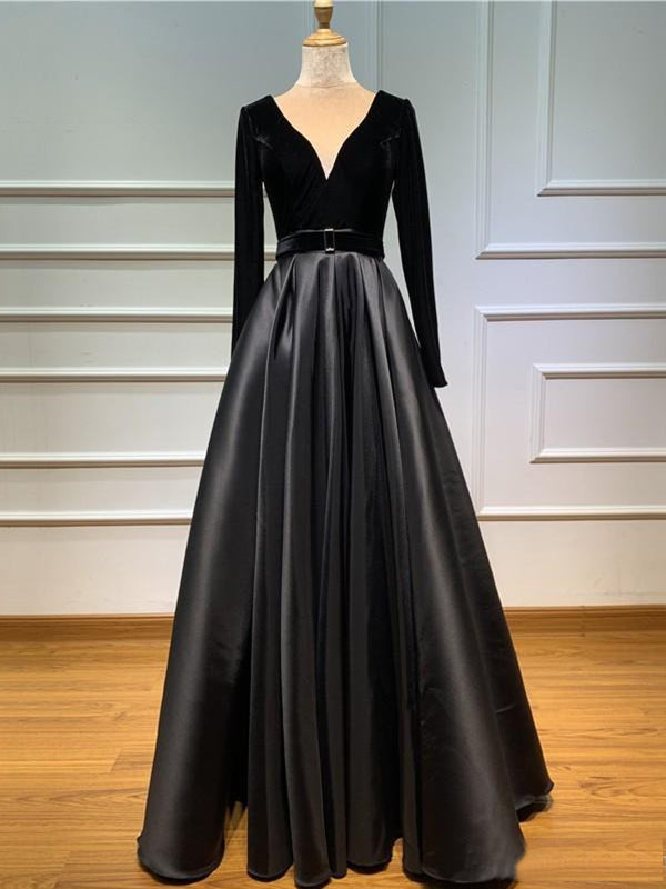 A-line Modest Black Long Sleeves V-Neck Prom Dresses PD23470