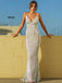 Sexy Sparkly V-neck Spaghetti Strap Silver Mermaid Long Prom Dress, PD3028