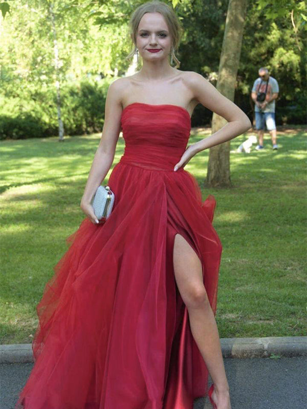 Sexy Red Strapless Straight Sheath Side-slit Tulle Long Prom Party Dress, PD3109